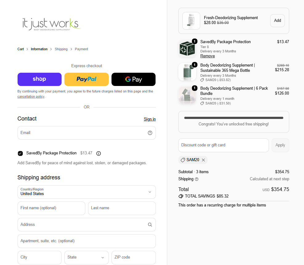 It Just Works supplement checkout page showing where to enter a discount code